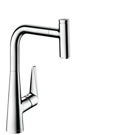 Spültischmischer von Hansgrohe mit hochgezogenem Auslauf und seitlichem Hebel, Chrom-Ausführung. Design mit klaren Linien und funktionaler Ergonomie.